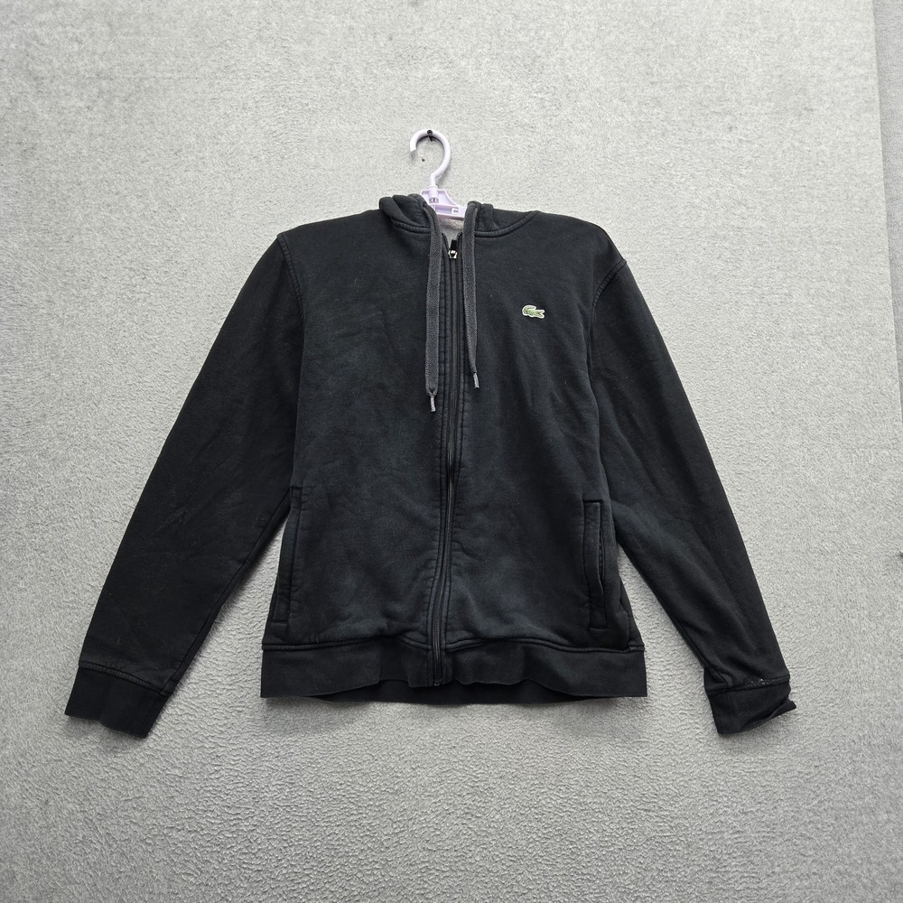 Lacoste Sport Men Hoodie US L (FR 5) Black Embroidered Fleece Activewear Zipper